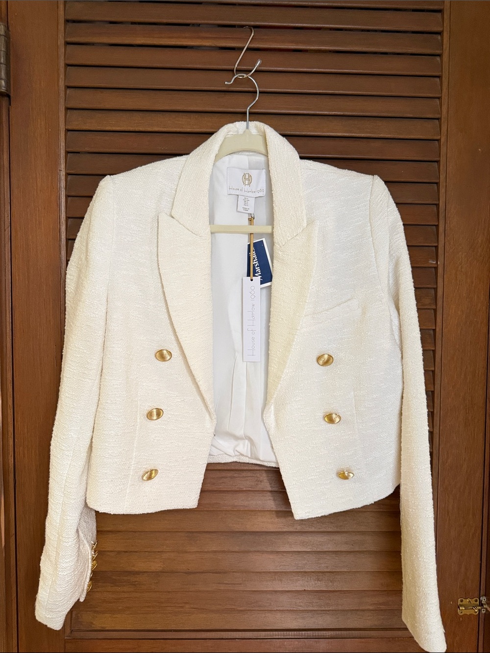 House of Harlow 1960 Ivory Double-Breasted Cropped Blazer with Gold Buttons